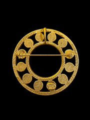 Gold-tone convertible circle cabochon-style brooch pendant back view with pin closure and pendant loop