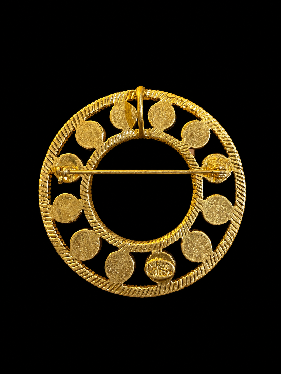 Gold-tone convertible circle cabochon-style brooch pendant back view with pin closure and pendant loop
