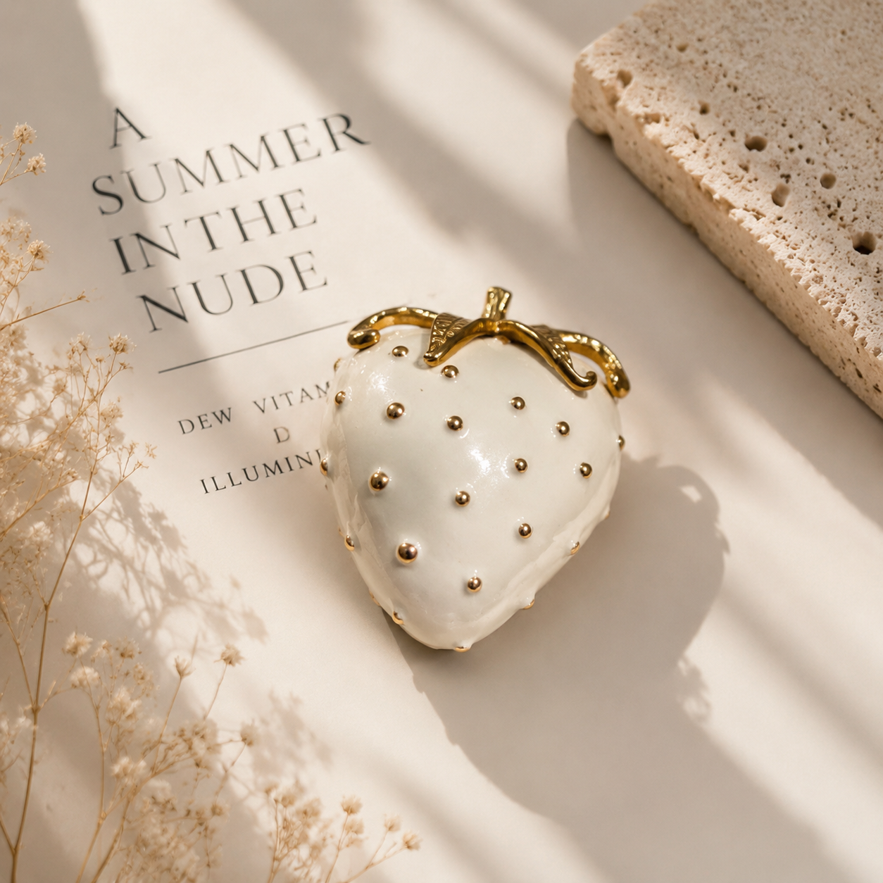 Gold-tone cream enamel-style strawberry brooch front view