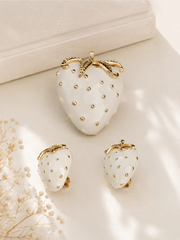 Gold-tone cream enamel-style strawberry brooch and stud earrings set