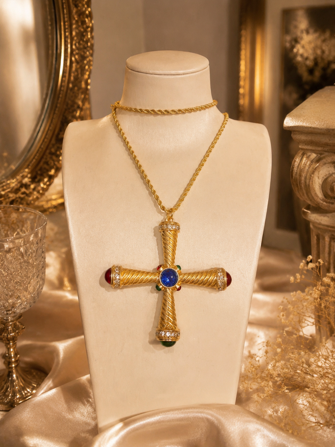 Gold-tone cross pendant necklace with blue red and green cabochon-style accents on display bust
