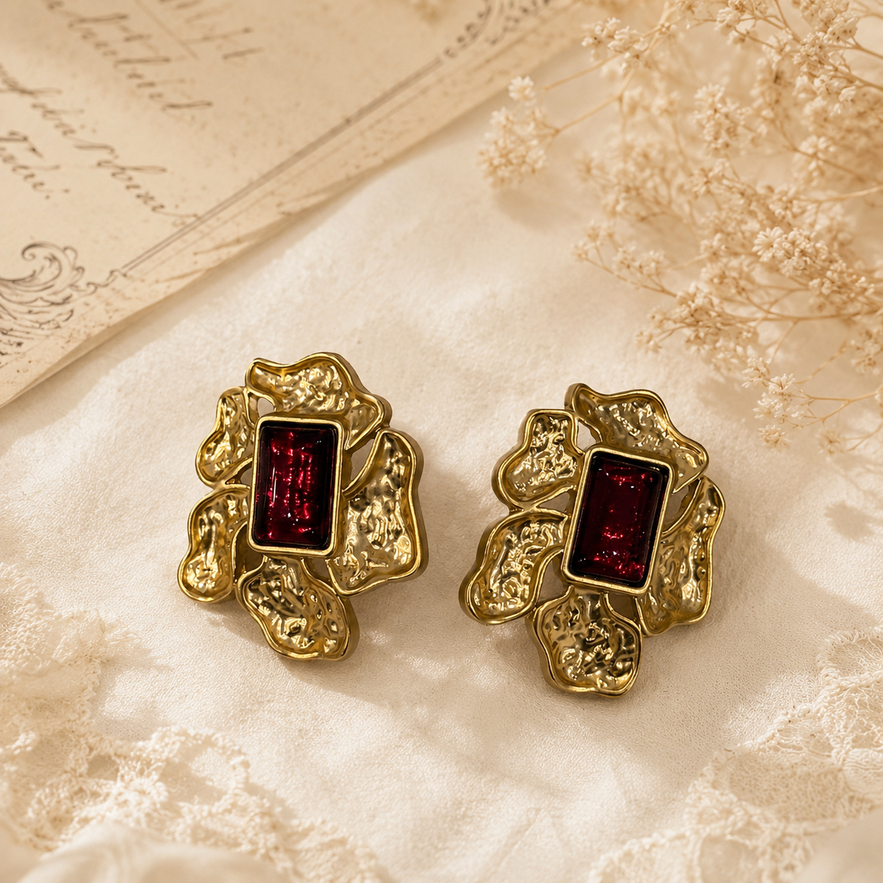 Red gold-tone crystal-style abstract flower stud earrings