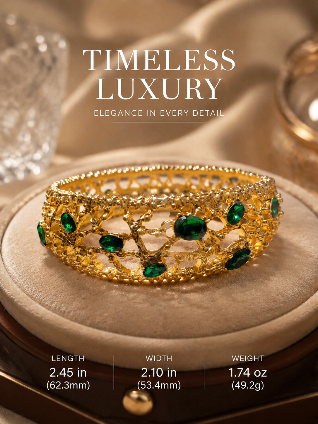 Gold-tone cuff bracelet with green glass-look accents