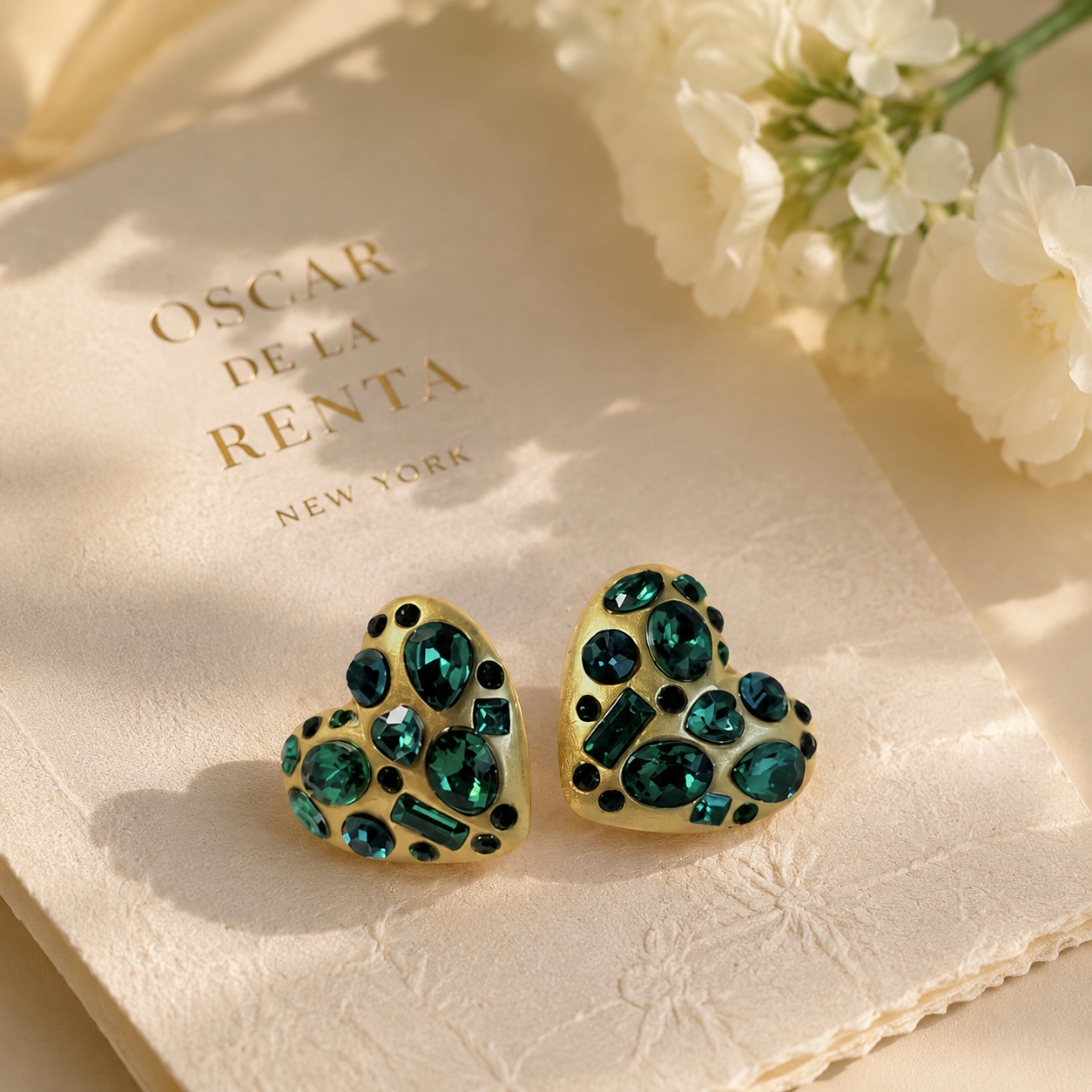 Gold-tone green crystal-style heart clip-on earrings