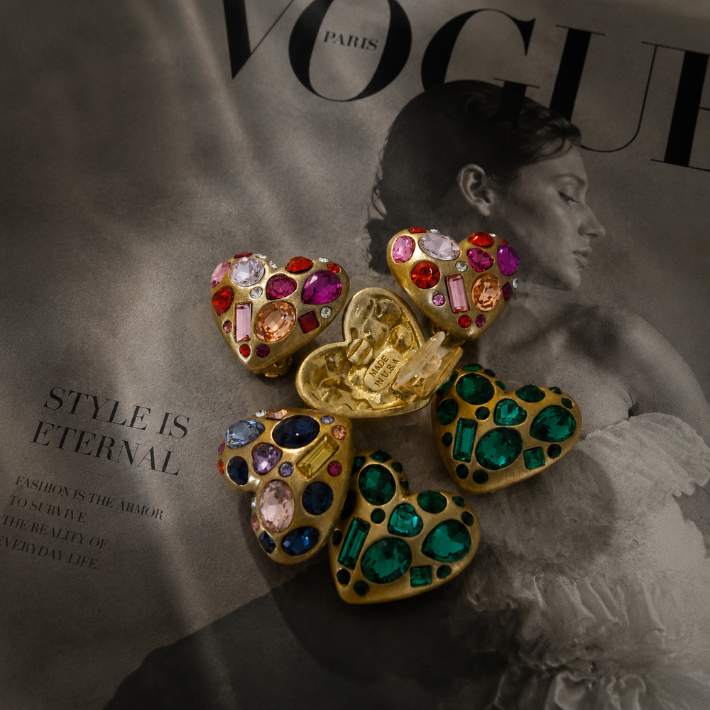 Gold-tone crystal-style heart clip-on earrings in pink green and multicolor
