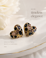 Gold-tone multicolor crystal-style heart clip-on earrings