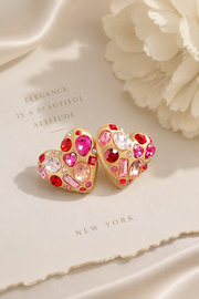 Gold-tone pink crystal-style heart clip-on earrings