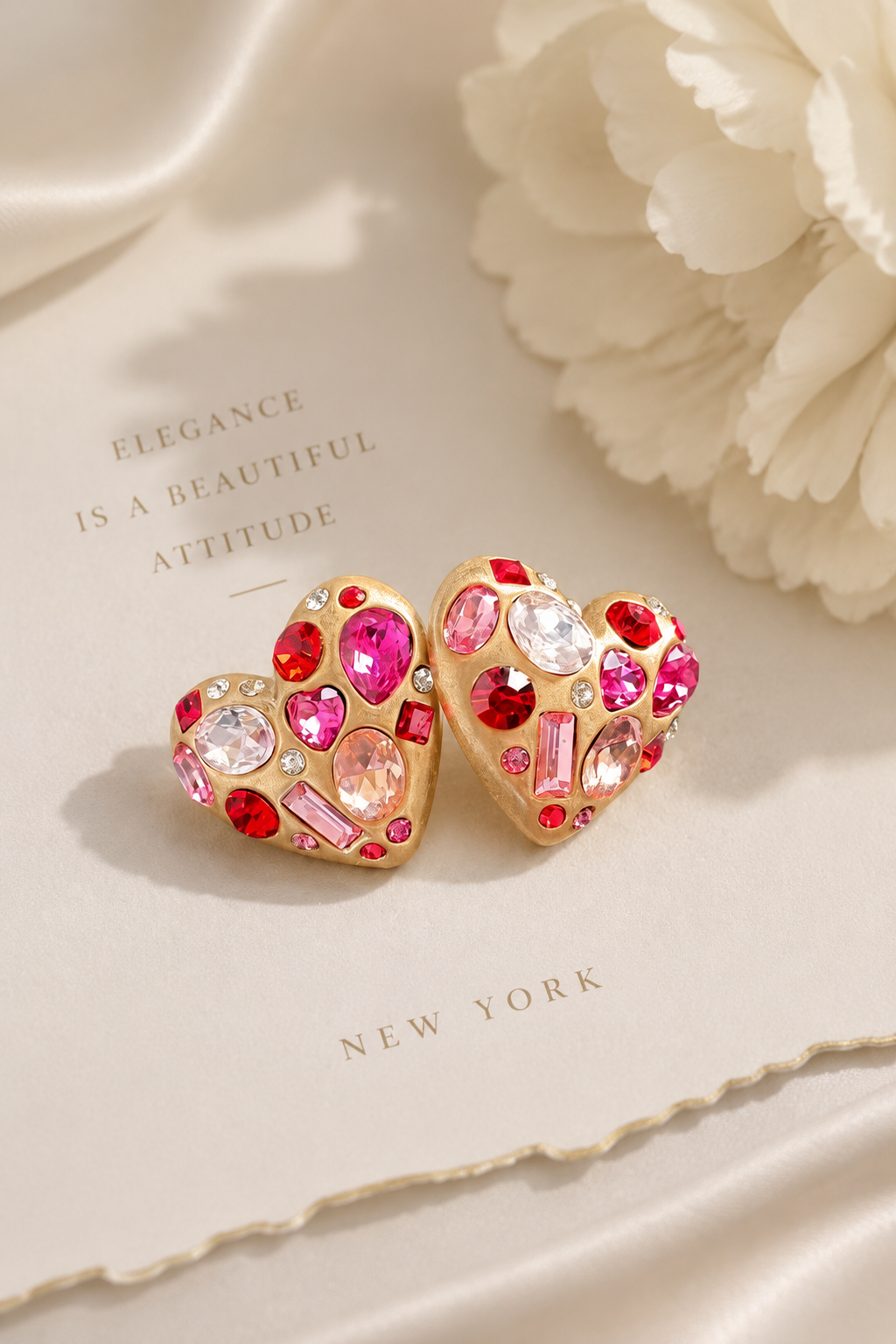 Gold-tone pink crystal-style heart clip-on earrings