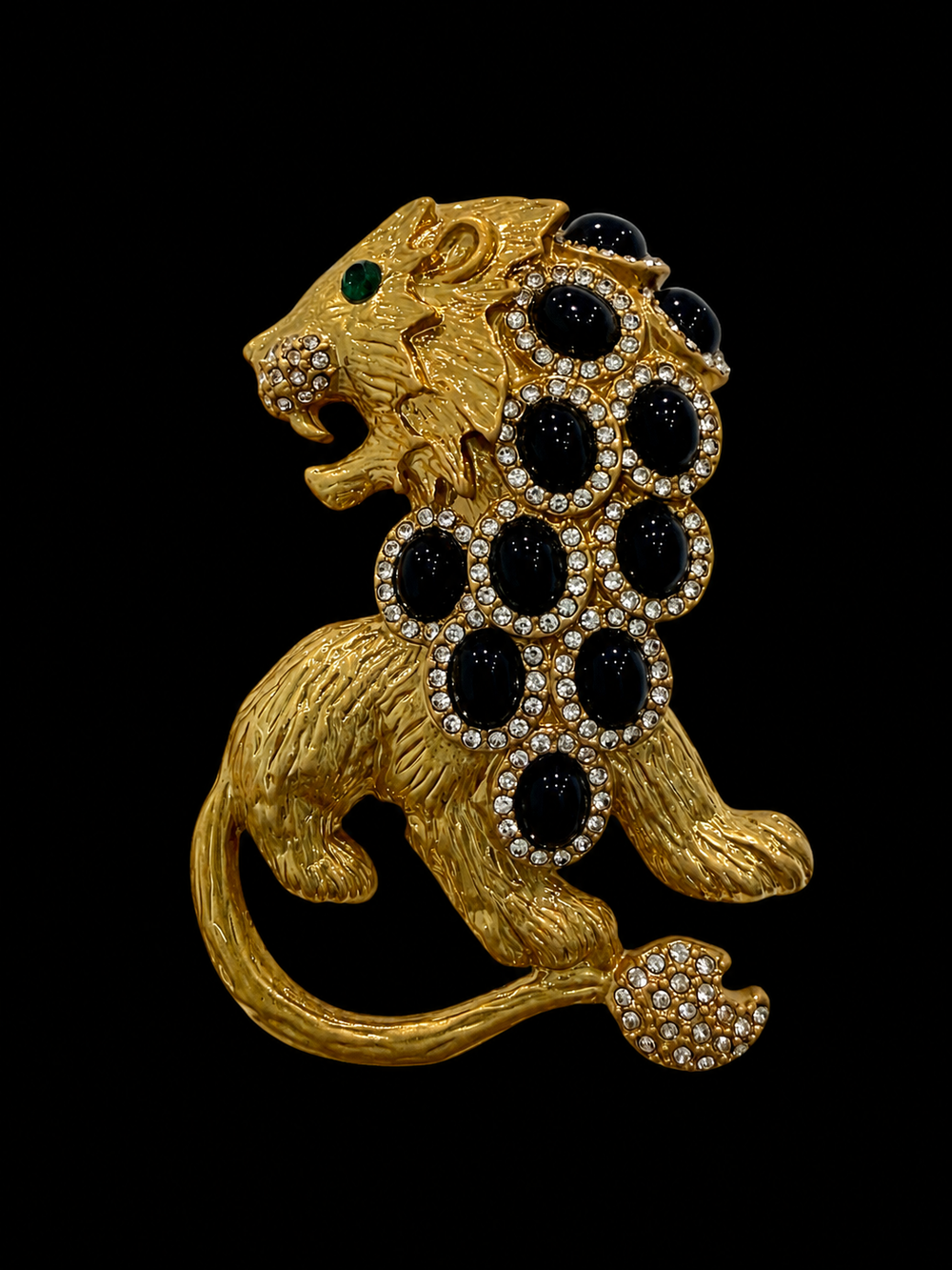 Gold-tone black crystal-style lion statement brooch