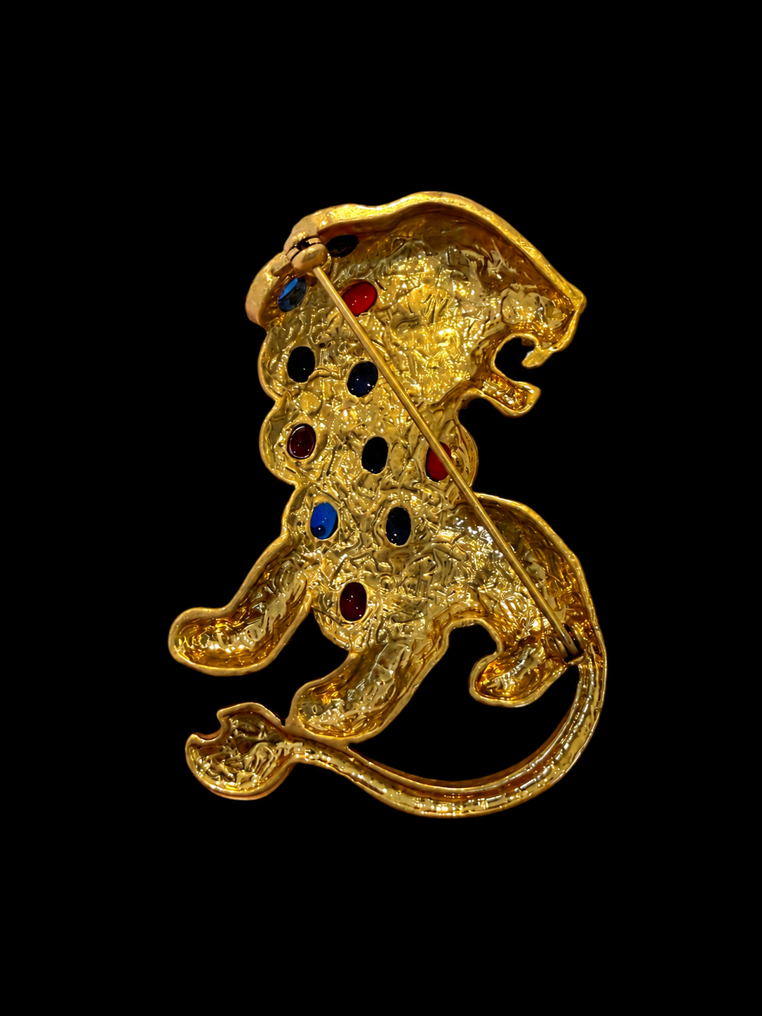 Gold-tone multicolor crystal-style lion statement brooch back pin detail