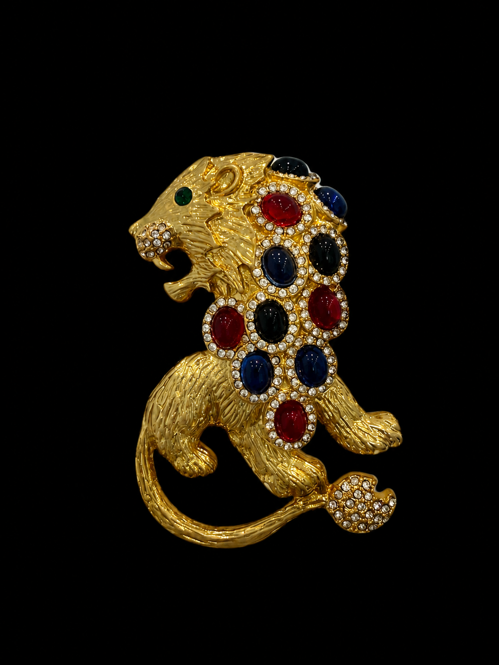 Gold-tone multicolor crystal-style lion statement brooch