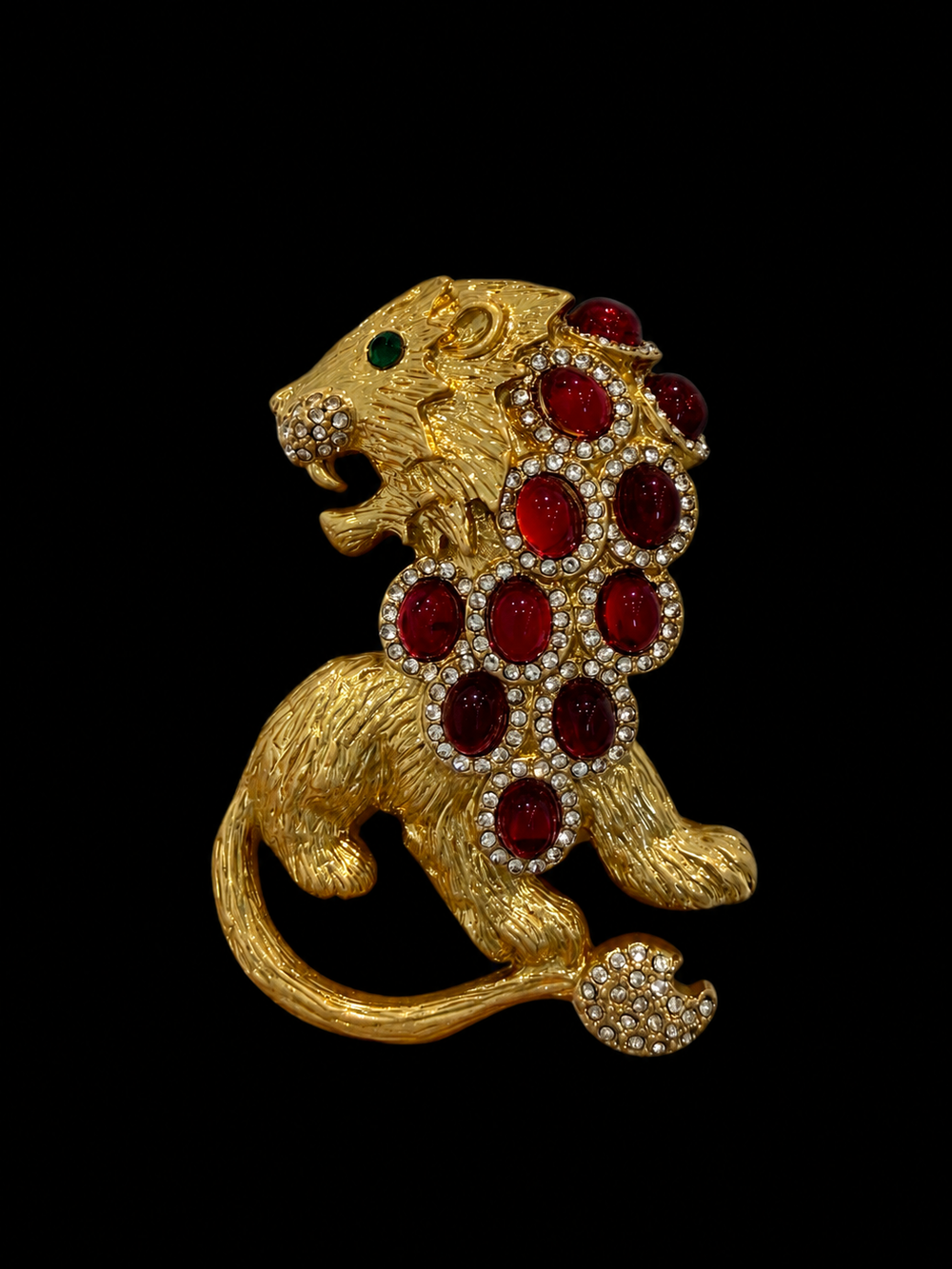 Gold-tone red crystal-style lion statement brooch