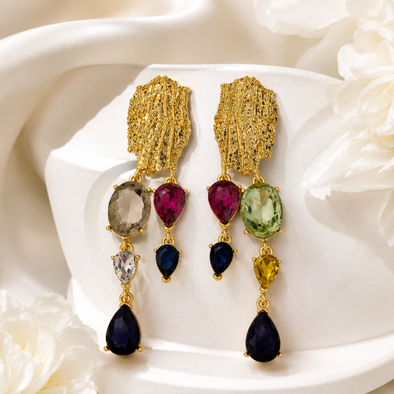 Multicolor crystal-style teardrop tassel earrings with gold-tone textured tops