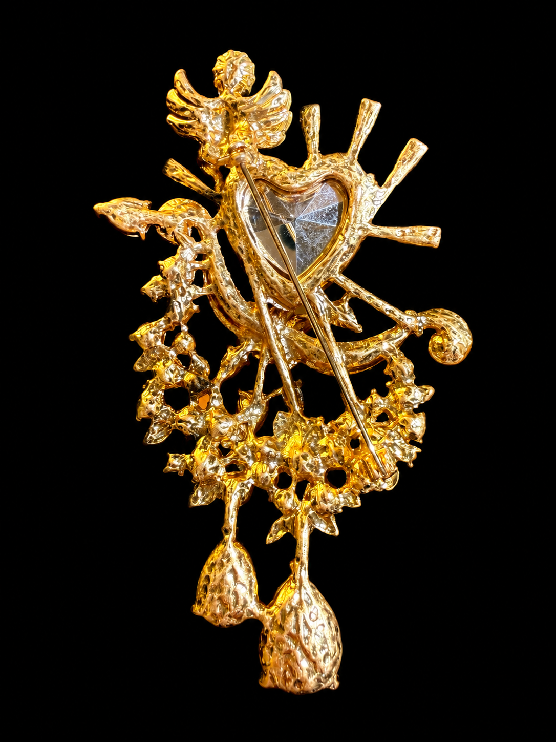 Gold-tone Cupid red heart crystal-style statement brooch back view with pin clasp