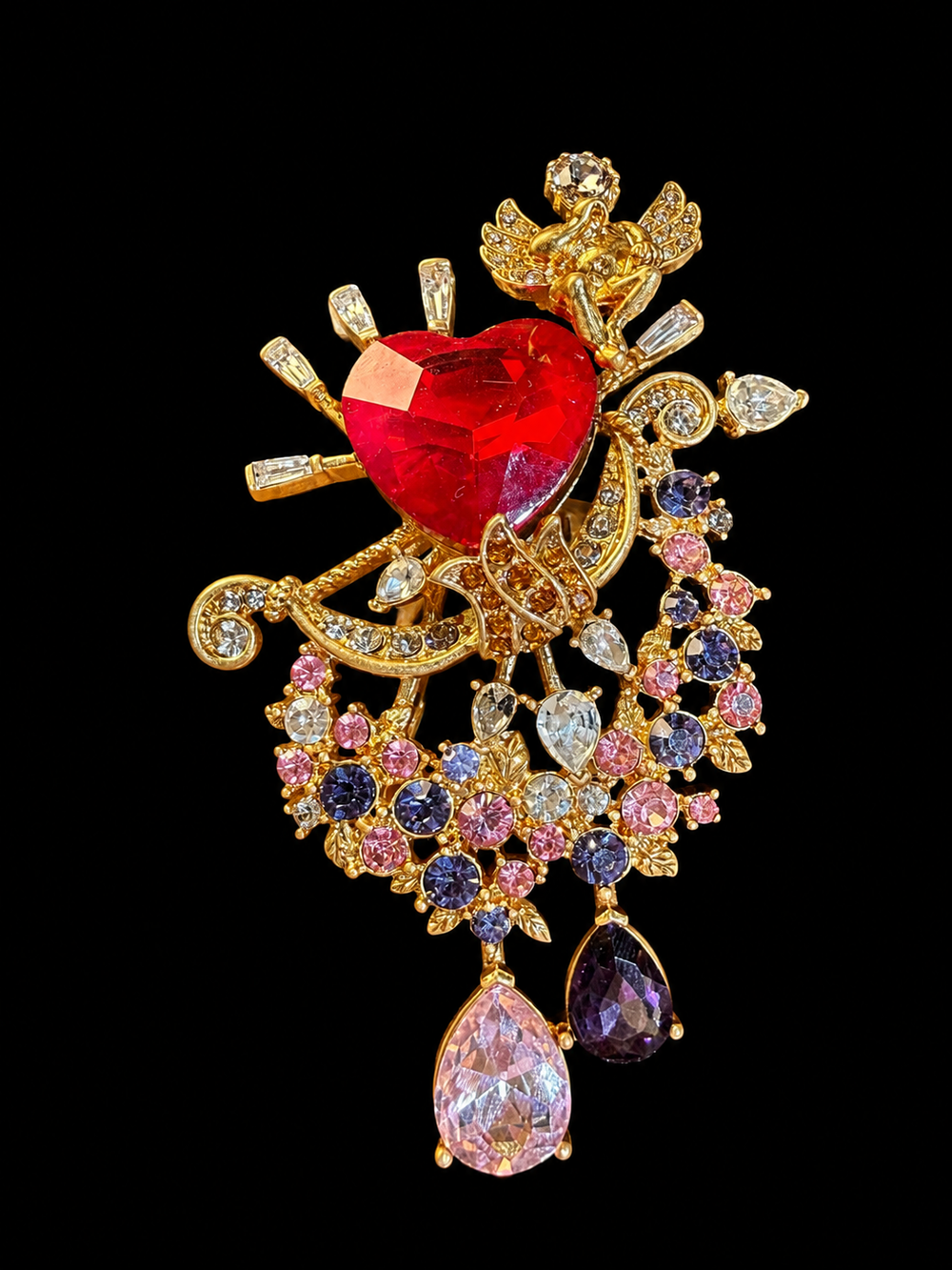 Gold-tone Cupid red heart crystal-style statement brooch front view