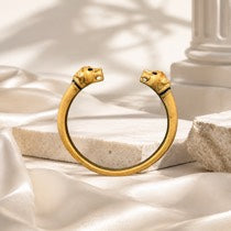 Gold-tone double leopard head open cuff bracelet full silhouette