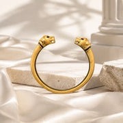 Gold-tone double leopard head open cuff bracelet full silhouette