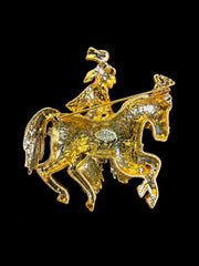 Gold-tone equestrian rider statement brooch black accent back pin detail