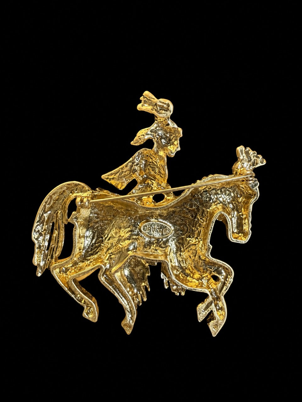Gold-tone equestrian rider statement brooch green accent back pin detail