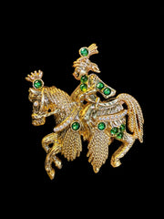Gold-tone equestrian rider statement brooch green accent front view