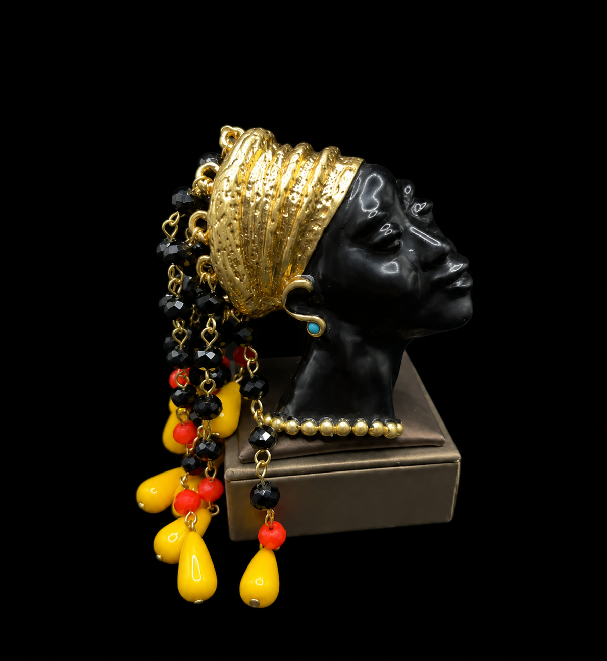 Gold-tone face tassel enamel-style resin bead brooch with yellow drops side view