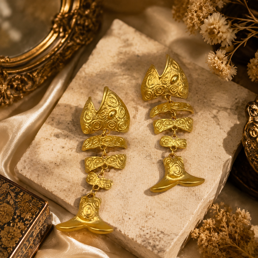 Pair of gold-tone fish tail dangle stud earrings with embossed texture, front view