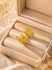 Gold-tone floral adjustable open ring showing open band side view