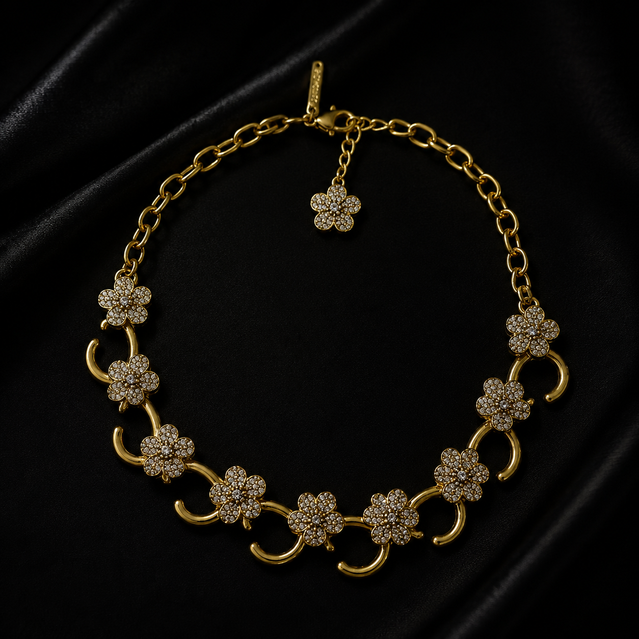 Gold-tone floral sparkle statement necklace, clear Style 1