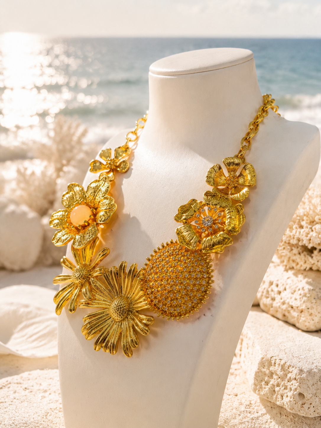 Gold-tone floral statement necklace angled view with clear crystal-style-style accents