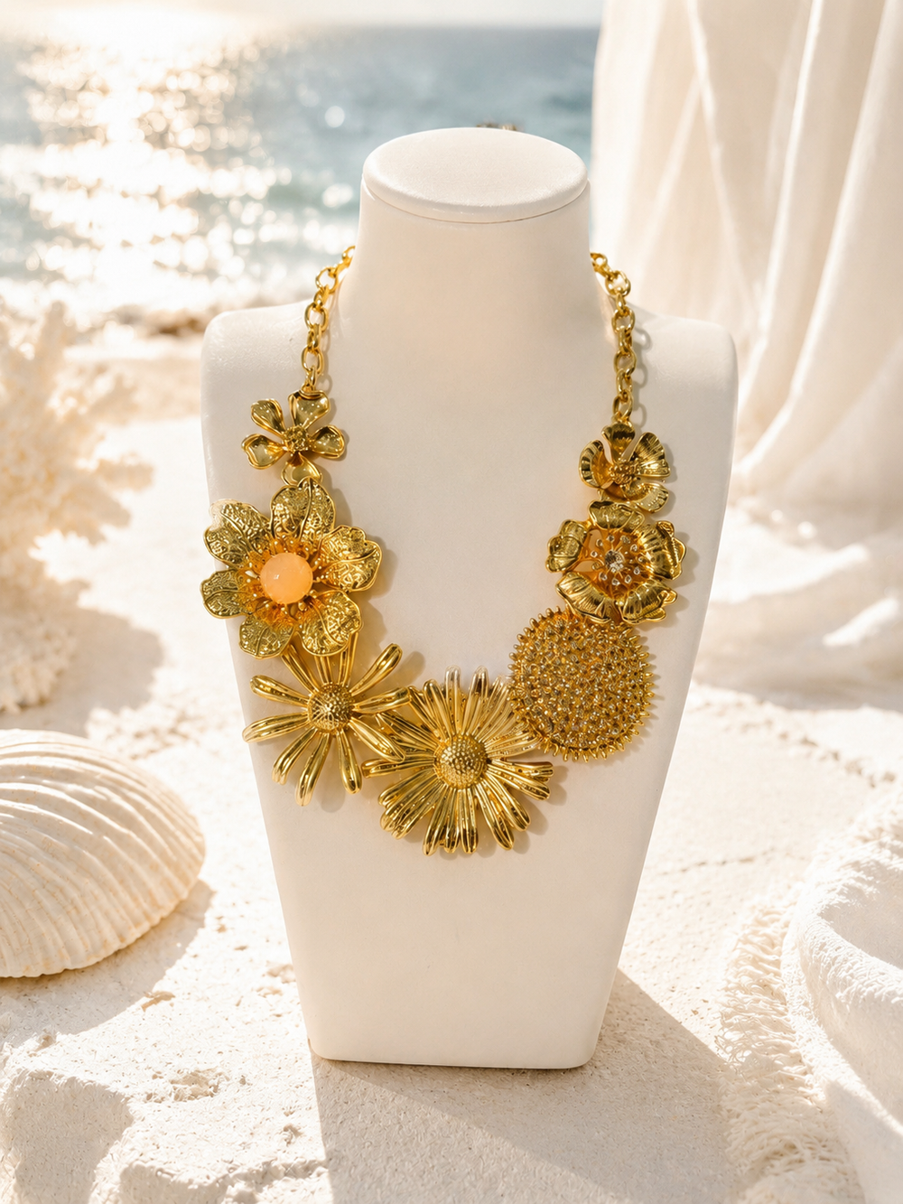Gold-tone floral statement necklace front view on display bust