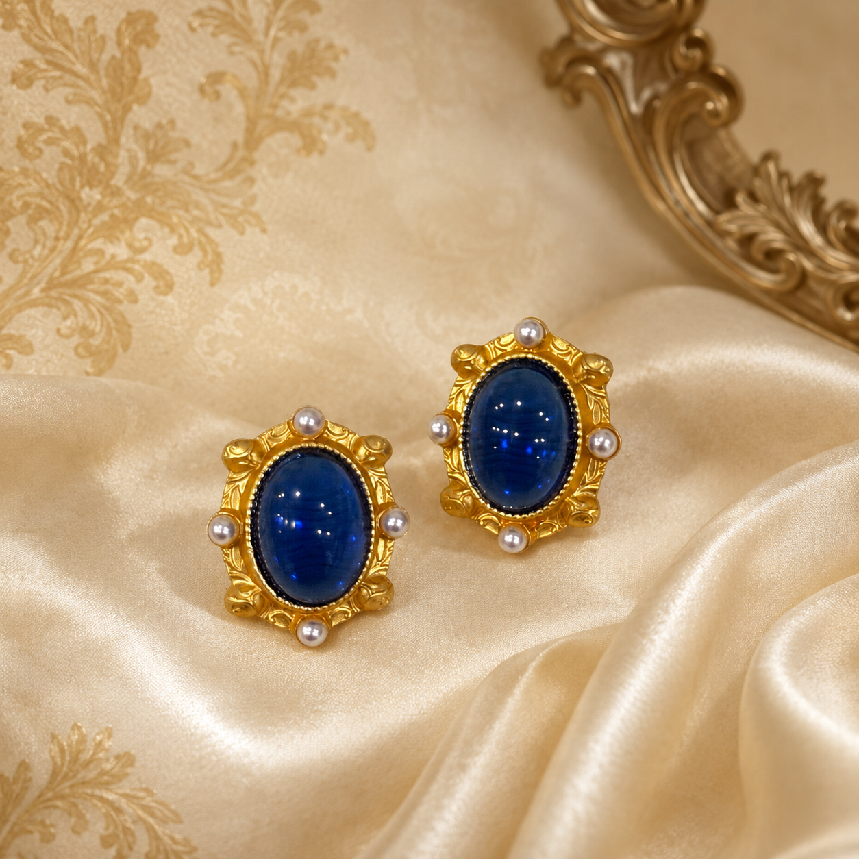 Blue glass oval gold-tone pearl-style stud earrings