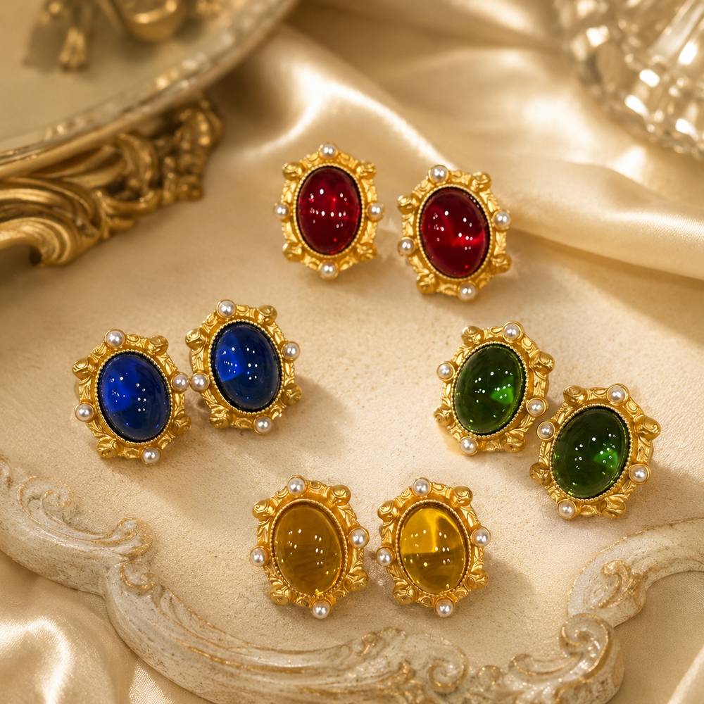 Four colorways of gold-tone glass oval pearl-style stud earrings