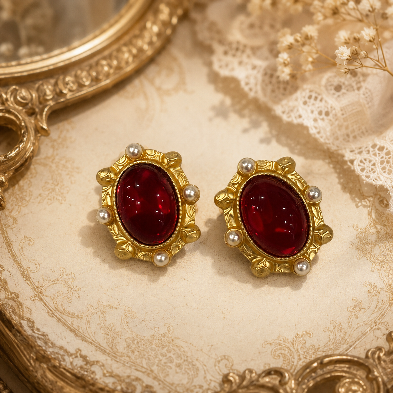 Red glass oval gold-tone pearl-style stud earrings