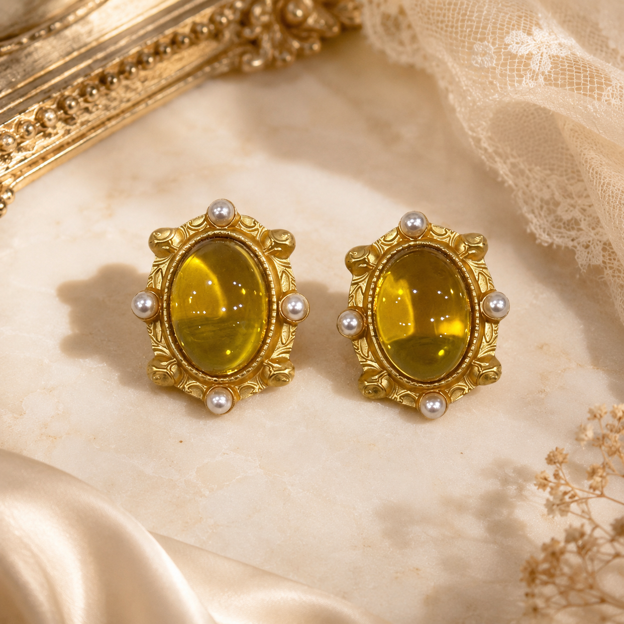 Yellow glass oval gold-tone pearl-style stud earrings