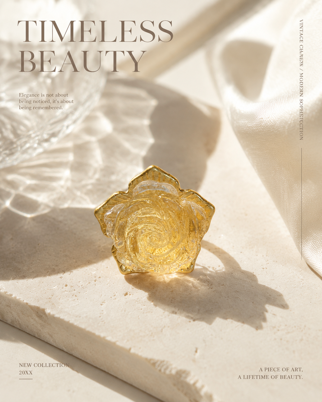 Gold-tone clear glass rose adjustable ring