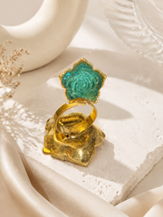 Gold-tone sky blue glass rose adjustable ring back detail