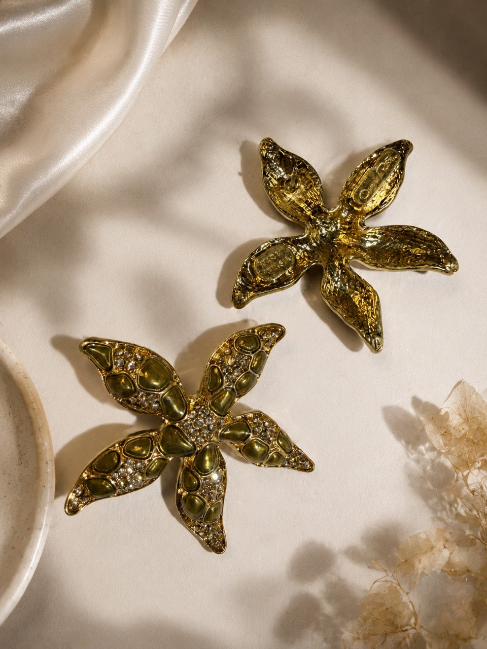 Gold-tone Golden Olive crystal-style starfish stud earrings front and back detail