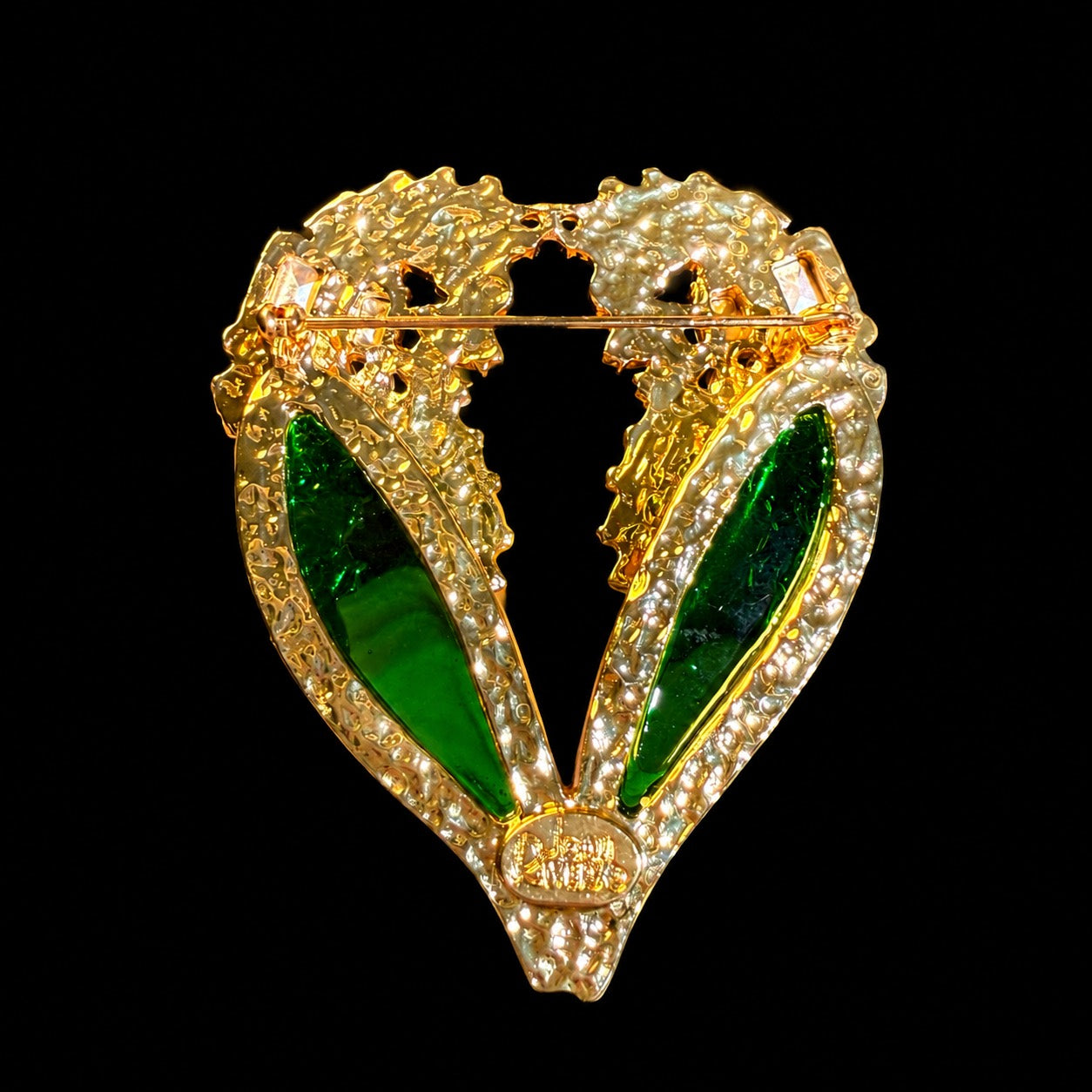 Gold-tone green crystal-style winged heart statement brooch back pin view