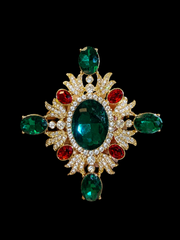 Gold-tone green and red crystal-style brooch pendant front view