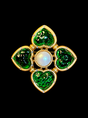 Gold-tone heart glass-style convertible brooch pendant in dark green front view