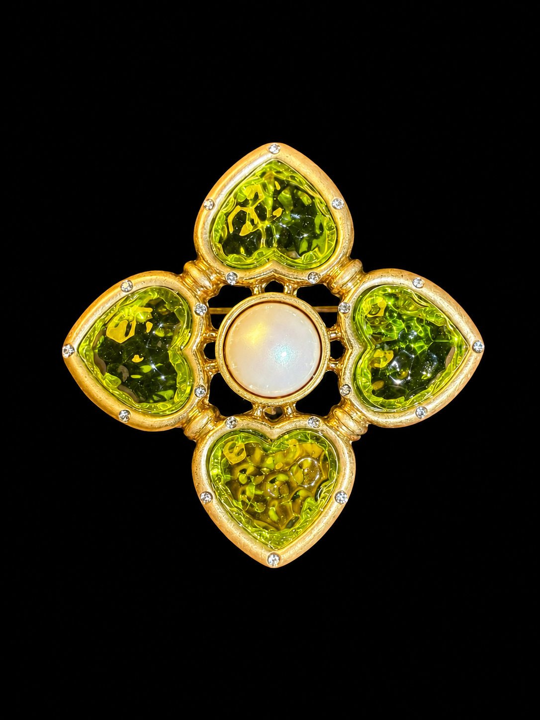 Gold-tone heart glass-style convertible brooch pendant in light green front view