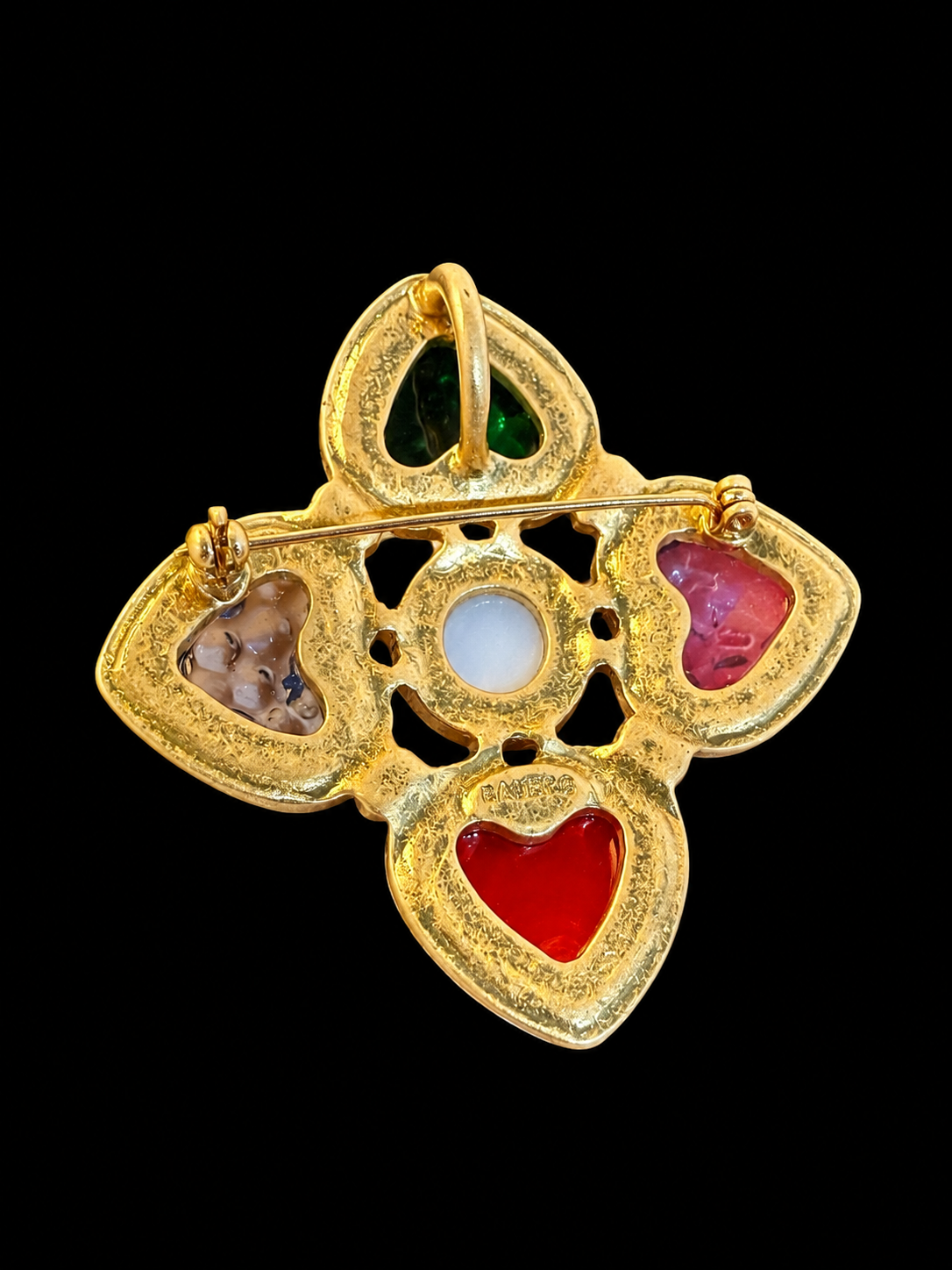 Gold-tone heart glass-style convertible brooch pendant back view with pin and pendant loop