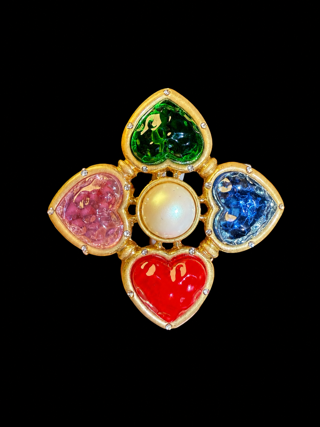 Gold-tone heart glass-style convertible brooch pendant in multicolor front view