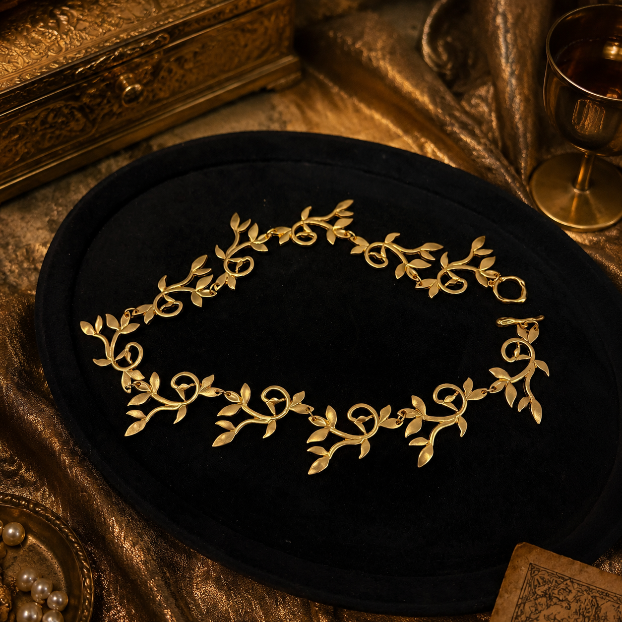 Gold-tone leaf vine necklace in a flat-lay view with a visible clasp