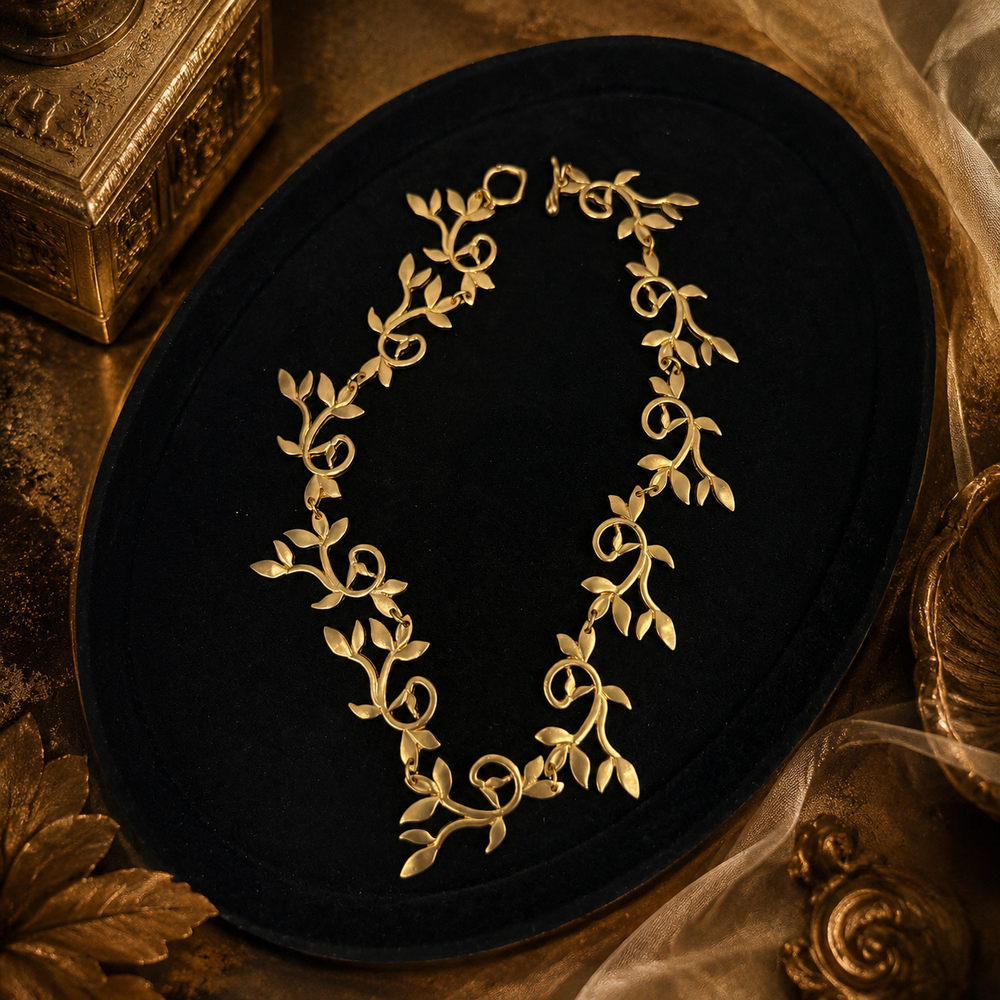 Gold-tone leaf vine necklace arranged in a full-circle view
