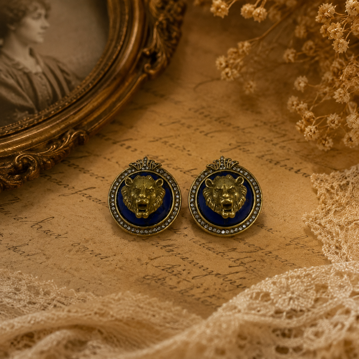 Blue stone-style gold-tone lion head crystal-style stud earrings
