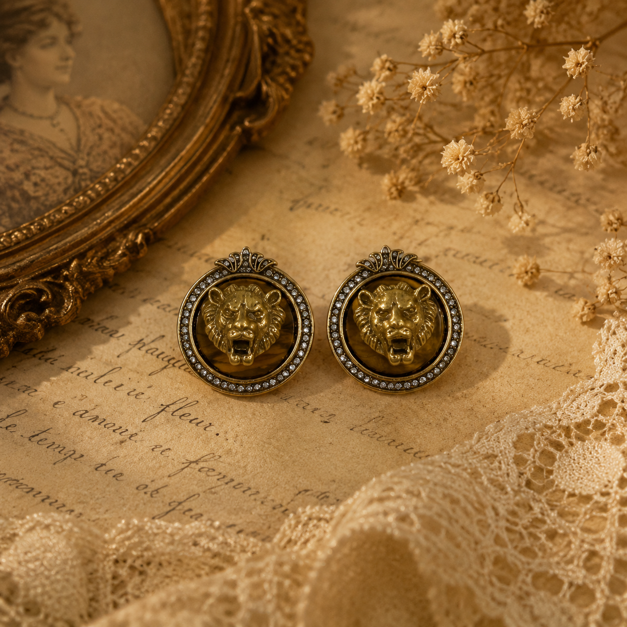 Khaki stone-style gold-tone lion head crystal-style stud earrings