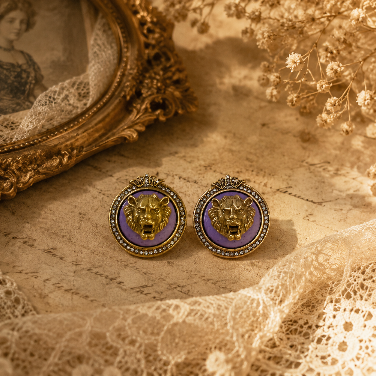 Purple stone-style gold-tone lion head crystal-style stud earrings