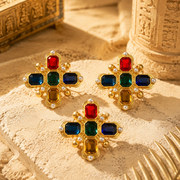 Gold-tone multicolor crystal-style brooch and stud earrings set with three pieces