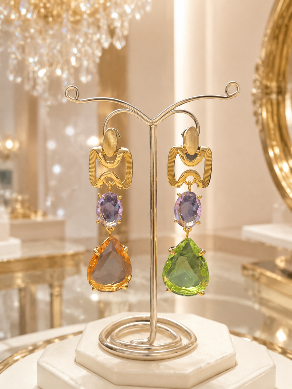 Gold-tone multicolor crystal-style drop stud earrings on display stand